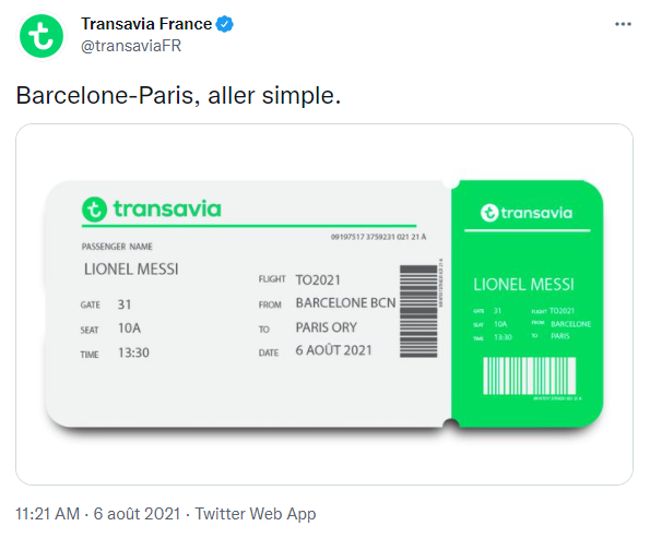 Tweet de Transavia sur l'arrivée de Lionel Messi au PSG