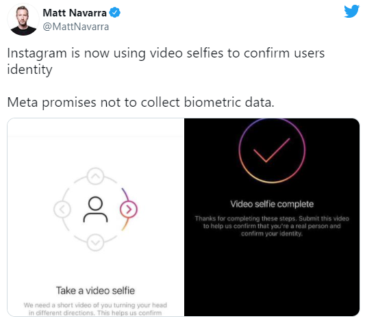 Tweet Matt Navarra sur la vérification par selfie vidéo d'Instagram